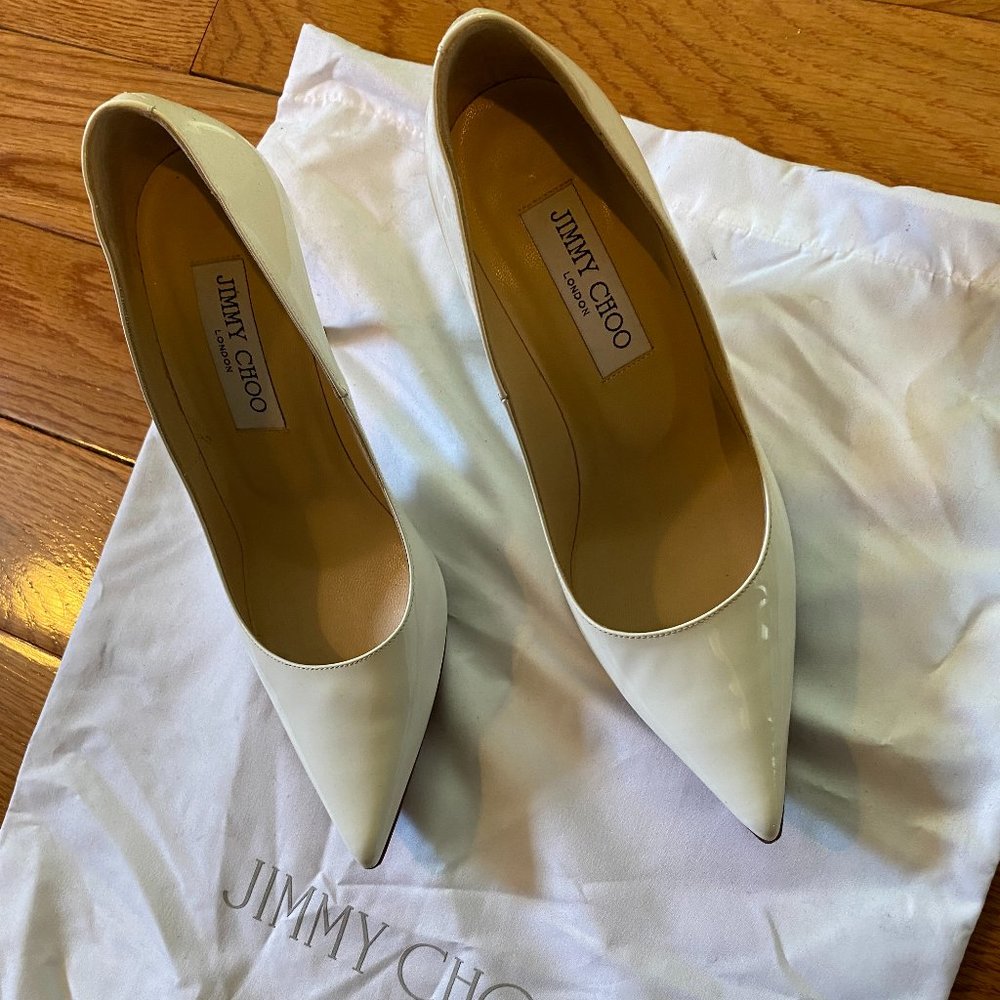 Patent Leather White Jimmy Choo Heels 35.5,  5.5